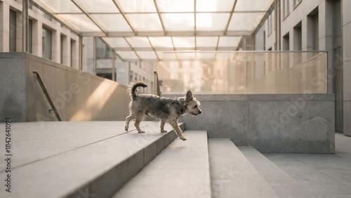 Dog Walking on Steps in Modern Architecture, Urban Environment, Lifestyle Photography