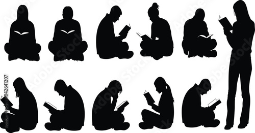 Silhouette people reading books in various poses, education study concept, learning lifestyle illustration, students reading, knowledge and literature symbols