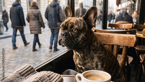 French Bulldog Enjoys Coffee Moment in Busy City Street, Lifestyle Photography from Inside a Cozy Café