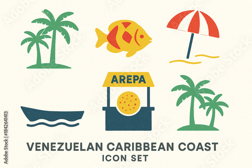 Venezuelan Caribbean coast icons in flat vector grid with rugged torn texture on white background