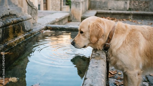 Golden Retriever Dog Drinking Water at Historic Fountain in Serene Park Setting