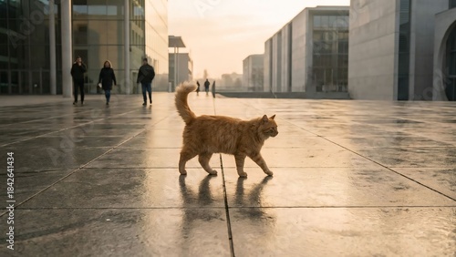A Feline Stroll Through Modern Architecture at Sunrise