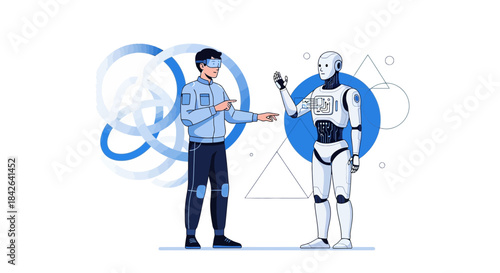 Futuristic interaction design between virtual reality user and advanced humanoid robot illustration