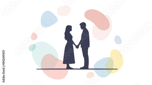 Silhouetted Serenade: A tender couple stands hand in hand, silhouetted against a backdrop of pastel-colored shapes, embodying the essence of togetherness, love, and the promise of a shared future.