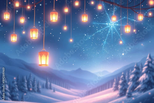 Enchanting Winter Night: Snowy Peaks, Hanging Lanterns, and Celestial Magic