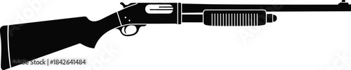 Silhouette, pump-action, shotgun, firearm, weapon, hunting, tactical, military, black, vector, illustration, gun, cad, drawing, flat, design, rifle, barrel, stock, trigger, guard, magazine