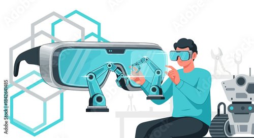 Futuristic innovation: Engineer utilizing augmented reality for robot development and design