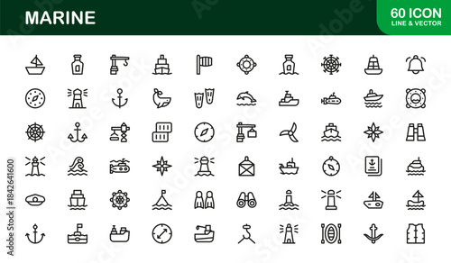 Marine Life Professional Line Icon Set Featuring Modern Minimal Vector Designs for Nautical, Ocean, and Sea Themed Projects