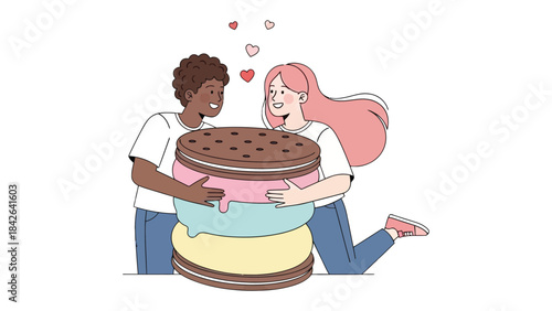 Sweet Moments: An illustration of a couple sharing a giant ice cream sandwich amidst a shower of hearts, a visual celebration of love, sweetness, and shared delights.