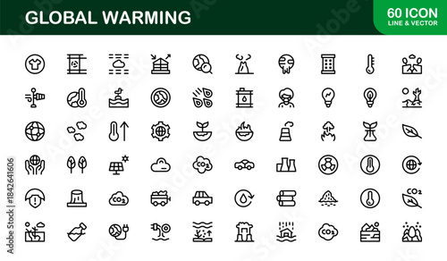 Modern Global Warming Line Icon Pack – Unique Outline Symbols for Sustainability, Green Energy, and Earth Protection Themes