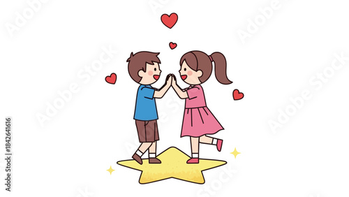 Joyful Connection:  A young couple on a golden star, celebrating a moment with hearts of love. 