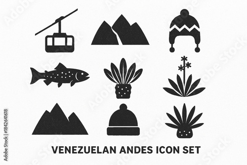 Venezuelan Andes icons in flat vector grid with rugged torn texture on white background
