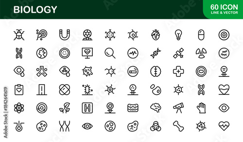 Biology Line Icon Set – Professional Modern Lab Symbols, DNA, Cells, and Scientific Research Icons in Minimal Outline Style