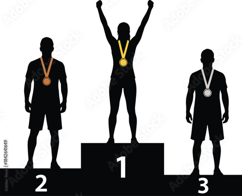 Silhouettes of male and female athletes celebrating on competition awards podium, champion with gold medal, second bronze, third silver, black vector illustration.