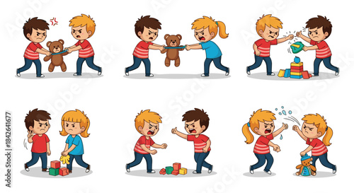 Collection of cartoon scenes depicting aggressive children fighting, arguing, and refusing to share toys like a teddy bear and blocks.