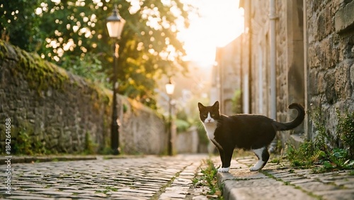 Black and White Cat on Cobblestone Street, Charming Village, Photography, Serene Environment, Low Angle View