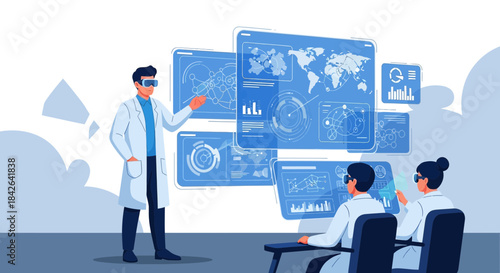 Futuristic medical research team collaborating with augmented reality interface technology