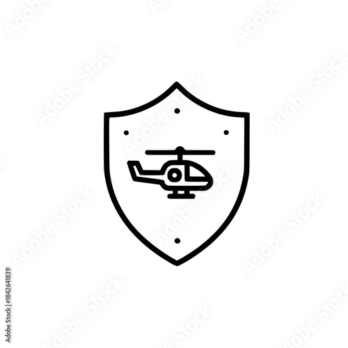 Shield icon with helicopter design representing aviation safety protection and emergency rescue concept