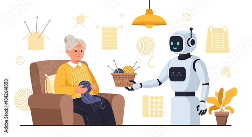 Futuristic nursing assistant concept: Caring robot aiding elderly woman with knitting project