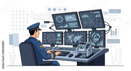 Futuristic police officer analyzing digital data on multiple screens with robot assistant