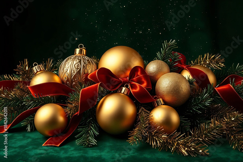 Elegant Christmas Decorations: Golden Ornaments and Red Ribbons on Pine Branches