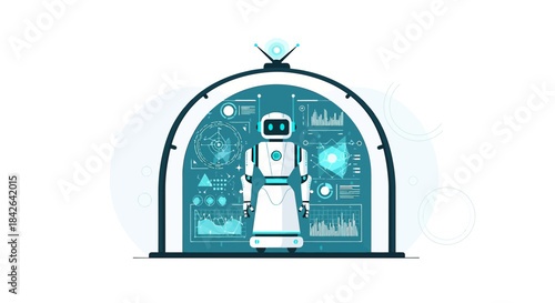 Futuristic Robot in a High-Tech Control Room Displaying Complex Data and Graphics Interface