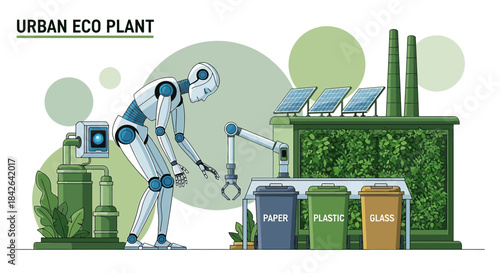 Futuristic recycling plant with robot sorting waste in an environmentally sustainable facility