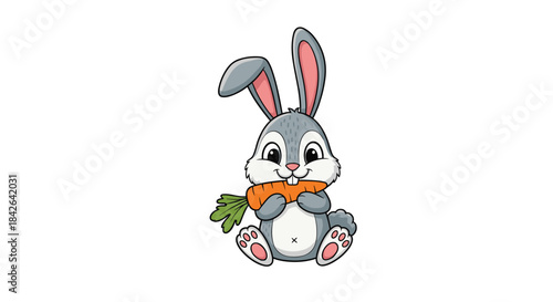 Cute cartoon gray rabbit sitting upright and happily munching on a bright orange carrot, isolated on a plain white background.