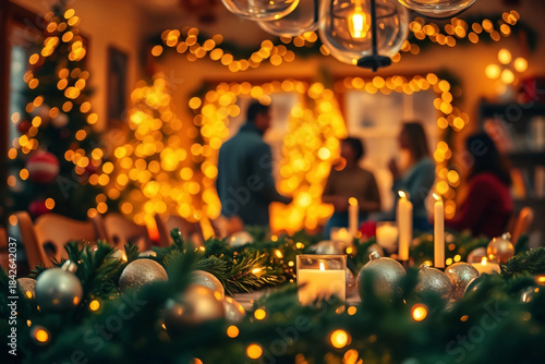 Warm and Festive Christmas Dinner: Lit Candles, Decorations, and Joyful Guests