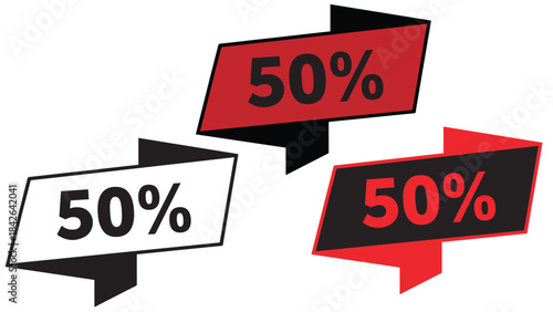 Vector set of three 50 percent off discount banners, red and black sale ribbons for retail marketing and financial savings promotion