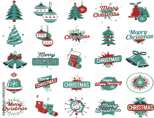 Vintage Christmas Vector Icon Set: Festive Holiday Trees, Retro Ornaments, Stockings, and Typography Badges