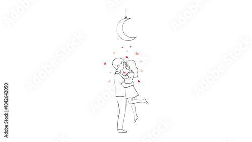 Romantic Embrace Under the Moon: A tender moment of connection unfolds as a couple embraces beneath a crescent moon, their silhouettes a testament to the depth of their feelings. 