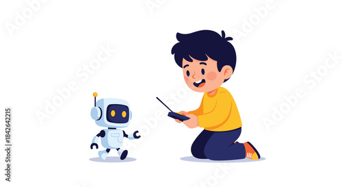 Happy young boy kneeling on the floor and playing with a small, cute robot using a remote control, isolated on white background.