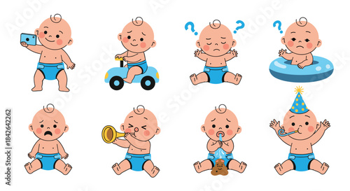 Set of cute cartoon baby boy characters in blue diapers showing various activities and emotions, like playing, crying, and celebrating.