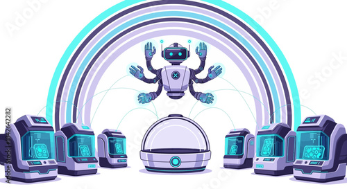 futuristic robotic arm operator overseeing automated manufacturing and research pods in a