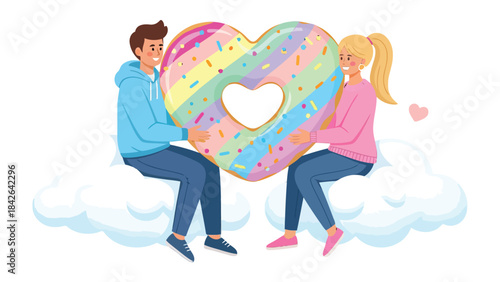 Sweethearts' Hearty Delight: A couple joyfully shares a rainbow-colored, heart-shaped confection. A symbol of their sweet, affectionate bond against a backdrop of fluffy clouds.