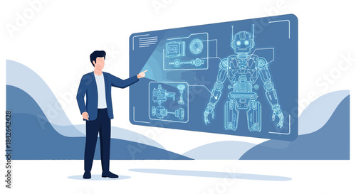 Futuristic robotic engineering presentation with engineer explaining design blueprint