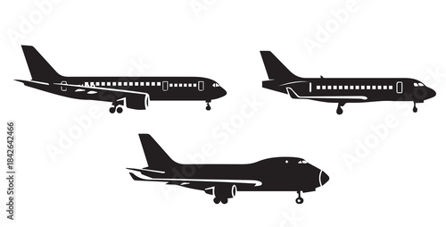 Quadro em tela Aircraft Silhouettes and Icons Set: Commercial, Fighter Jets, and Side Views