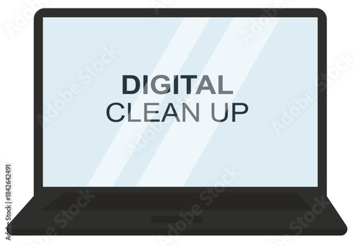 Digital clean up laptop isolated. Flat digital clean up concept with laptop and text, isolated on transparent background, ideal for data hygiene and cybersecurity visuals. Vector illustration