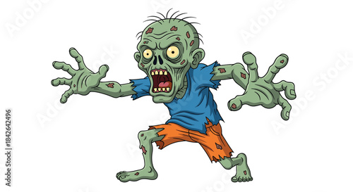 Detailed cartoon illustration of a frightening green zombie with torn clothes reaching out with its hands in a menacing pose.