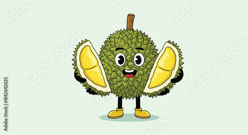 Cute and quirky cartoon durian fruit character with retro-style eyes, legs, and shoes, smiling and showing its yellow flesh.