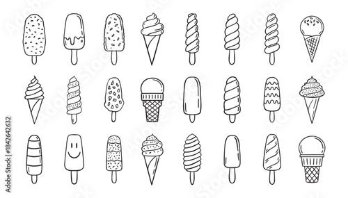  ice cream doodle hand drawn icon set. Outline drawing ice cream line clipart symbol collection