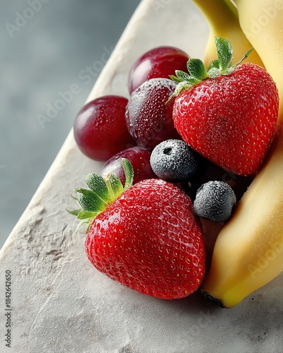 A close up shot of fresh fruits including strawberries grapes blueberries and bananas on a surface