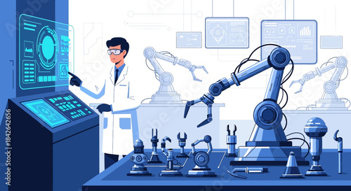 Futuristic robotics laboratory featuring engineer interacting with a holographic interface