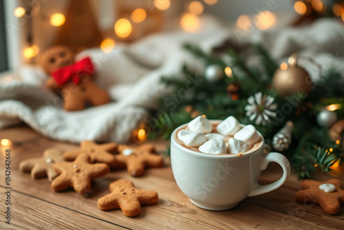 Cozy Christmas Scene with Hot Cocoa, Gingerbread Cookies, and Festive Decorations