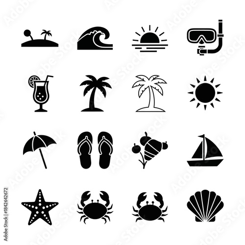Set of summer vacation and beach icons, symbolizing relaxation, fun, and outdoor activities with elements like palm trees, waves, and marine life