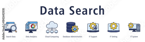 Banner focusing on searching, analyzing, and storing data via cloud, databases, support and settings.