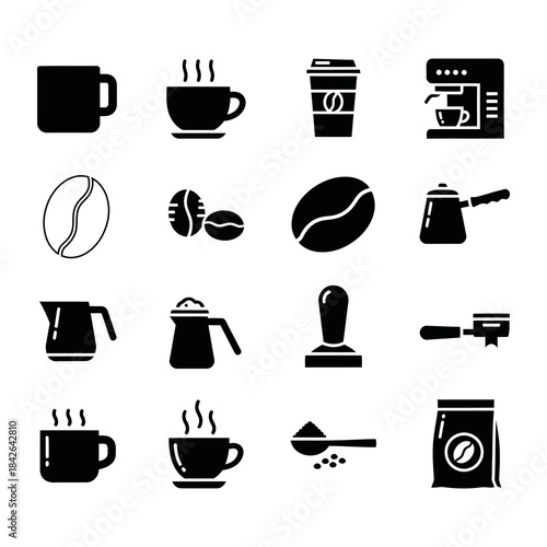 Set of various coffee-related icons including mugs, cups, beans, machines, and brewing tools