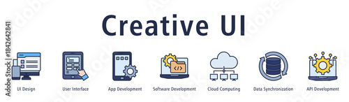 Banner representing UI creation from interface layout to app dev, software, cloud tools and API.