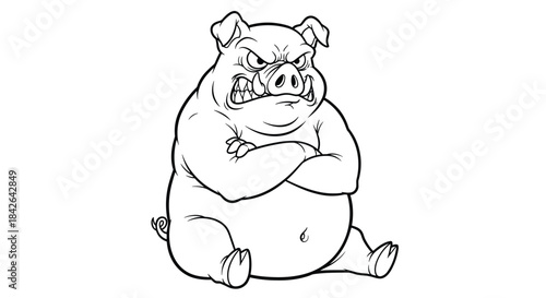 Black and white coloring book illustration of a very angry cartoon pig or boar sitting with its arms crossed and a mean scowl.